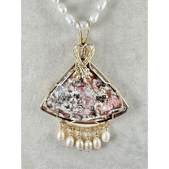Womens Necklace Gold Wire Wrapped Ocean Jasper Pendant Triangle Pearl Dangles - Picture 2 of 2